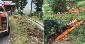 Lào Cai: Xe cẩu lao xuống vực, 2 người mắc kẹt trong cabin